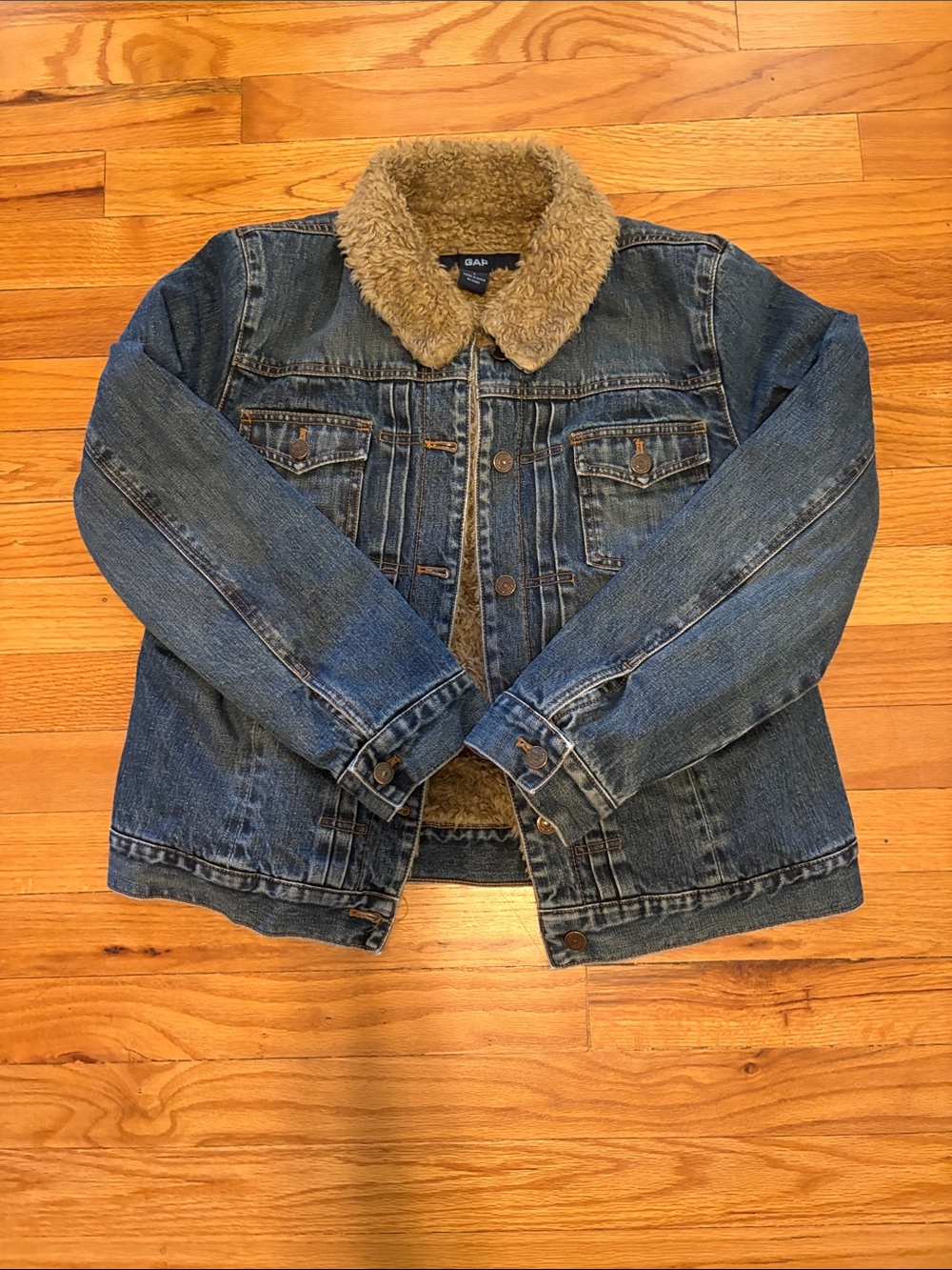 GAP Blue Denim Jacket with Tan Sherpa Collar and Lining